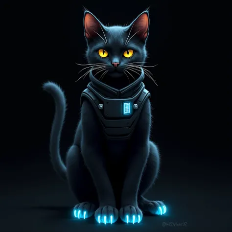 Black cat as a hi-tech cyberpunk warrior officer, Standing confidently with one hand holding a glowing neon blue data pad, Cat paws with glowing neon blue claws, front-view, black background, make the cat look serious and fierce 