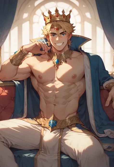 A man in king clothes , wearing a crown,  sitting on a bed smiling, shirtless