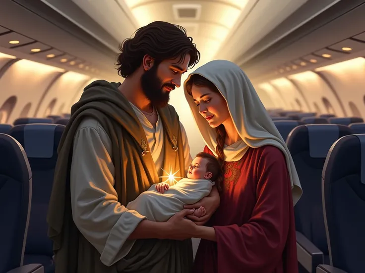 Joseph and Mary in the aisle of the plane with baby Jesus