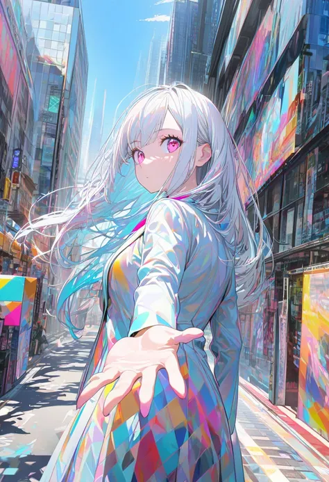 1girl, black long straight hair, sharp hair, Silver hair,pink eyes,reaching out a hand to viewer, facial profile, looking back, skirt, blazer, in the city, on the road, noon, bright, colorful, high-res, super delicate, ultra detailed, 8k