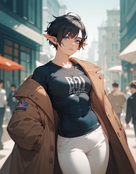 Elf Girl,handsome, short hair, bob ,Black hair,In blue eyes , Black Sweatshirt,Brown coat, Trousers