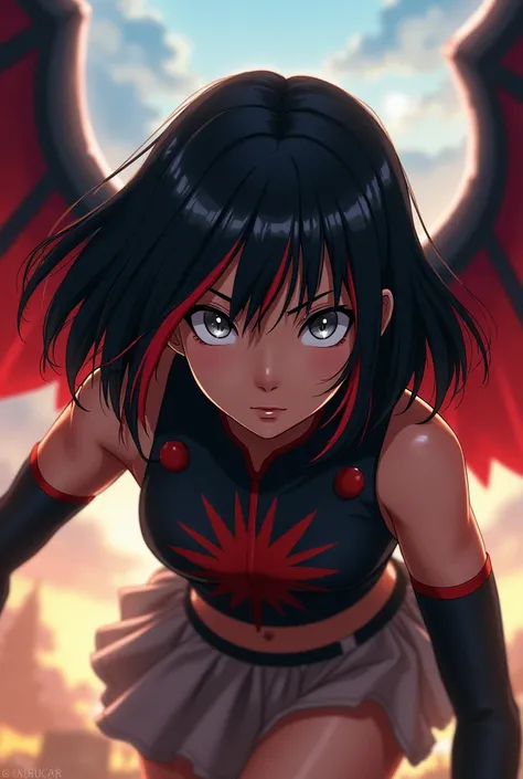 my hero academia, a girl hero, medium straight black hair with red streaks, black and red wings, brown skin, grey eyes