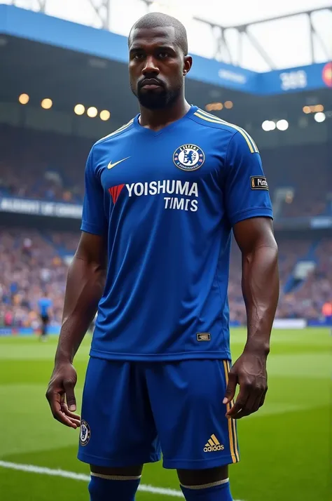 Create a picture of kanye west at stamford bridge wearing a chelsea kit