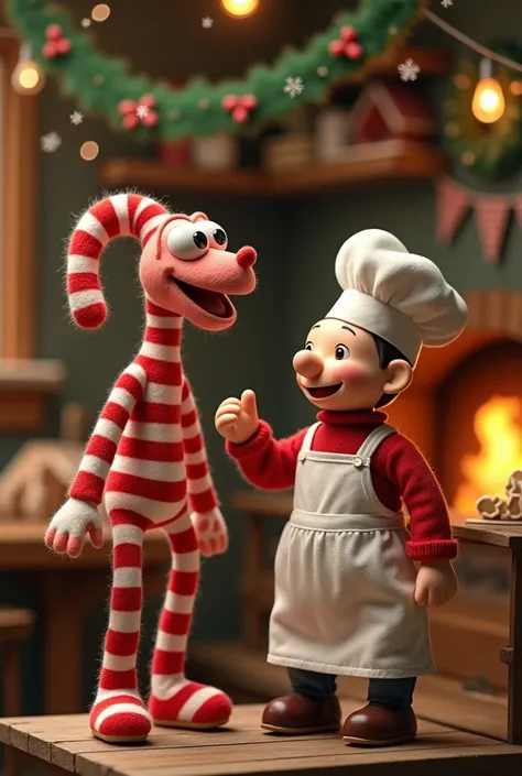 A puppet candy cane interviewing a puppet  baker loking for the christimas spirit