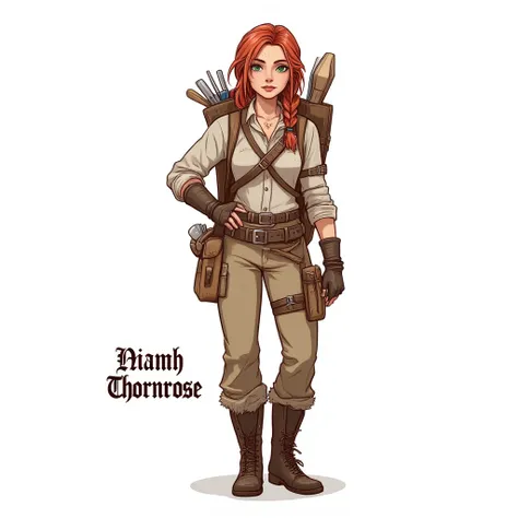 A simple vector graphic isolated on a white background, ## Niamh Thornrose

**Age:** 24

**Appearance:**

* **Height:** 58"
* **Build:** Lean and athletic, with toned muscles from years of climbing and adventuring.
* **Hair:** Fiery red, often pulled back ...