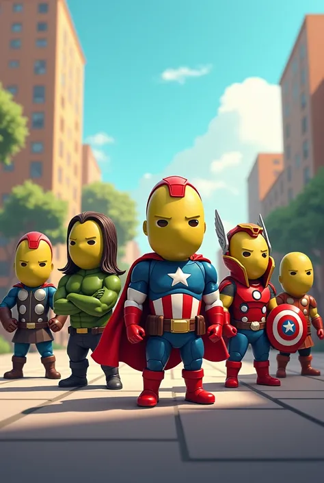 Create a Cartoon-style image of olives dressed as Marvels Avengers