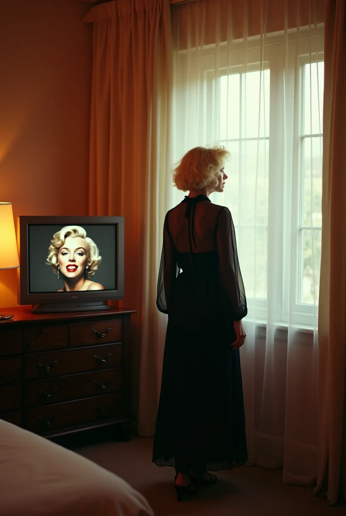 Photographie dans un intérieur dune chambre dun mote  Californien avec une télévision avec une photographie de maryline Monroe a la télévision et avec une femme blonde de dos devant la fenêtre et avec une robe noir transparente 