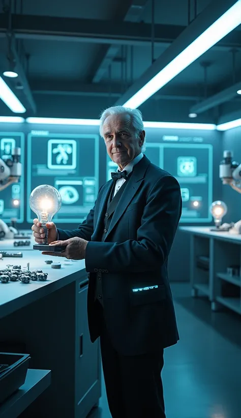 Thomas Edison reimagined in the 21st century, standing in a sleek and minimalist tech lab surrounded by holographic displays showcasing his historical patents and modern interpretations of his inventions. He wears a tailored modern suit with subtle LED acc...