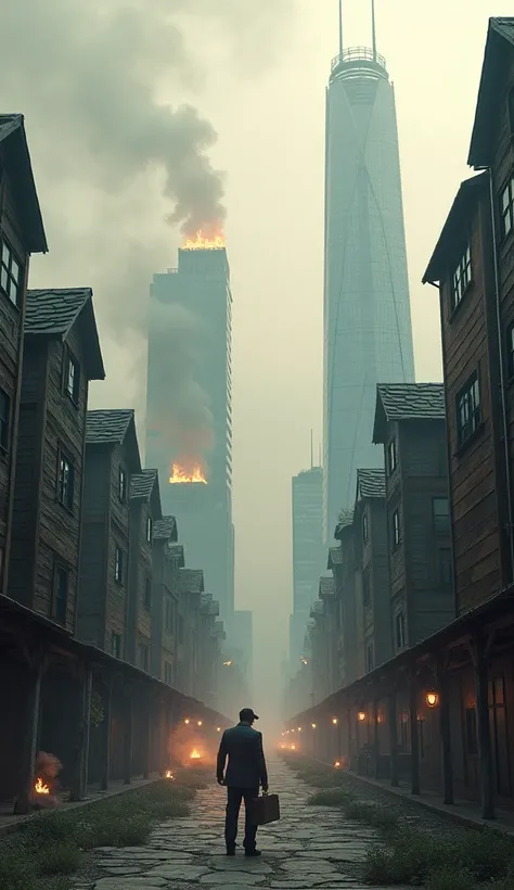 A conceptual image illustrating the evolution of city planning, showing old wooden buildings transitioning into modern skyscrapers with fire safety measures.

