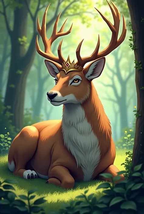 Sleeping forest, king of the forest, HD, Anime style, portrait, majestic deer with crown, Portrait, realistic