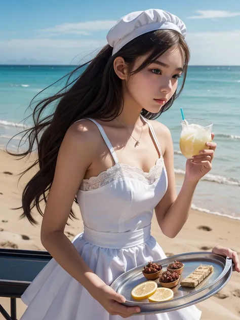 teen girl, maid girl, maid style, maid cap, very low neckline, beautyful face, holds a tray with drinks, very long hair, beach, lonely beach