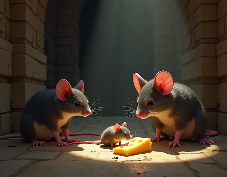  A piece of cheese on the floor with a small mouse sniffing to see what it is, and around other mice ,But bigger , as if they were the bosses of this smaller rat , they are in a dark pyram  ,  REALISTIC IMAGE 