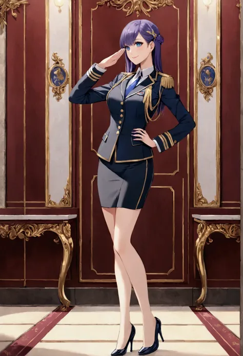 masterpiece,best quality,1girl,solo,mlprarity,colored skin,hair ornament,purple hair,blue eyes,military uniform,blazer, pencil skirt, high heels, standing at attention, straight back, saluting, full body, smile