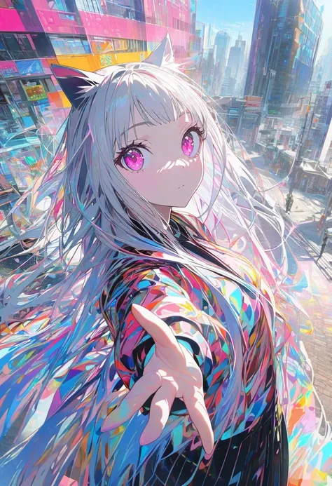 1girl, black long straight hair, sharp hair, Silver hair,pink eyes,cat ear,reaching out a hand to viewer, facial profile, looking back, skirt, blazer, in the city, on the road, noon, bright, colorful, high-res, super delicate, ultra detailed, 8k