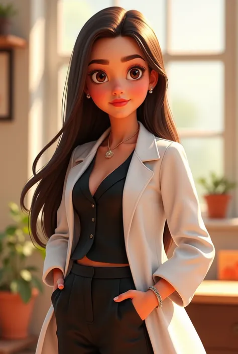 A 22-year-old full-bodied , with very long brown hair smooth ,  round face,  round face with charming smile thin arched eyebrows delicate earring, and brown eyes, of lab coat ,black tailoring clothing with simple necklace bracelet and earring . pixar anima...