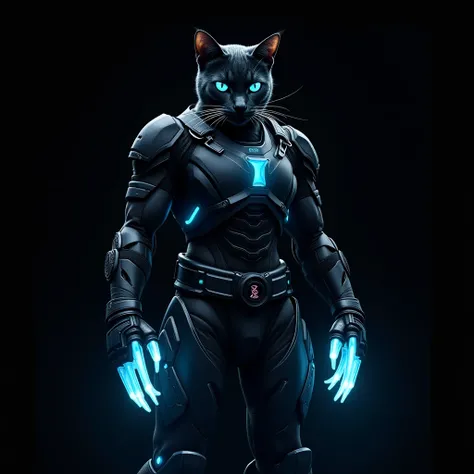 Black cat as a hi-tech cyberpunk warrior officer, Standing confidently with one hand holding a glowing neon blue data pad, Cat paws with glowing neon blue claws, front-view, black background, serious and fierce 