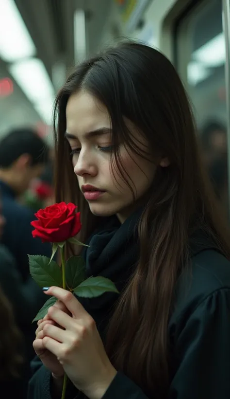 Sofia found herself with a small smile closed her eyes while holding a red rose in her hand on the subway.