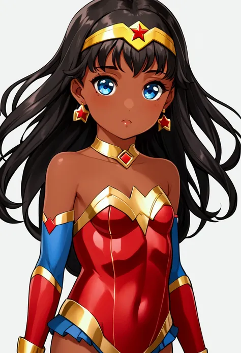 masterpiece, best quality, 1girl, loli, wonderwoman, black hair, long hair, blue eyes,  dark skin, bare shoulders, loli girl, earrings, flat chest, jewelry, leotard, solo,  superhero, tiara, simple background 