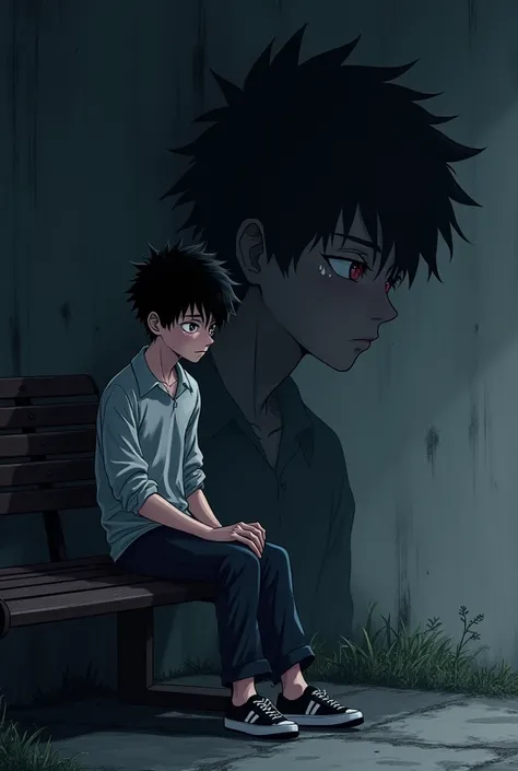 Denki young 18-year-old boy,  black hair, sad gray eyes ,  sitting on a bench ,  with tears flowing and red eyes .  Next to the shadow of her friends .  On the right side a version of himself crying dark manga style background