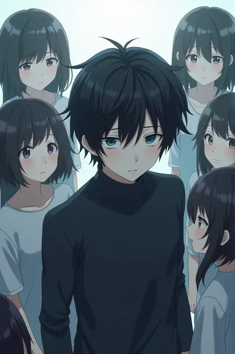  An anime character,  black hair , You look sad , 5 leftover girls around you