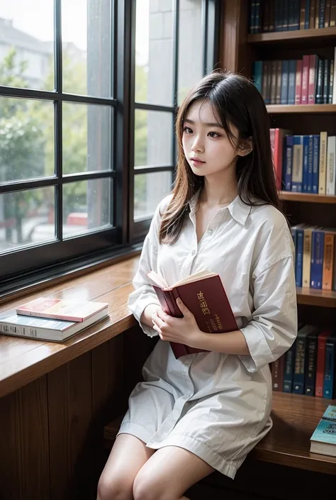 A beautiful asian 
girl, aged 19, picking a book from library sheld. Light from Windows cross her hair and body.