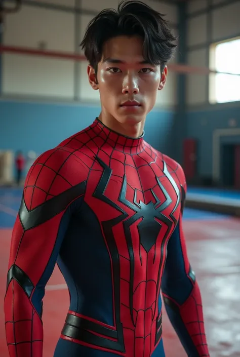 Handsome and sexy Korean teenager, teenager, young, male, wearing Spiderman costume while showing his sixpack abs, muscular, sixpack, young, front view, Korean idol, biceps and triceps, photo realistic, realistic, 8k, UHD, sexy, Biceps muscle, hot, Korean ...