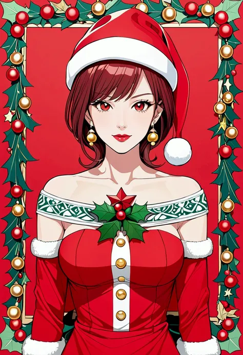 anime sexy mature woman mother chrismas in short red dress with christmas bobble cap