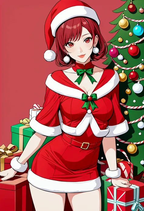 anime sexy mature woman mother chrismas in short red dress with christmas bobble cap