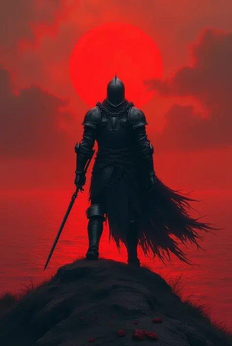 i want a prisoner knight chained and tortured on a hill with a sea of blood in the background behind him 