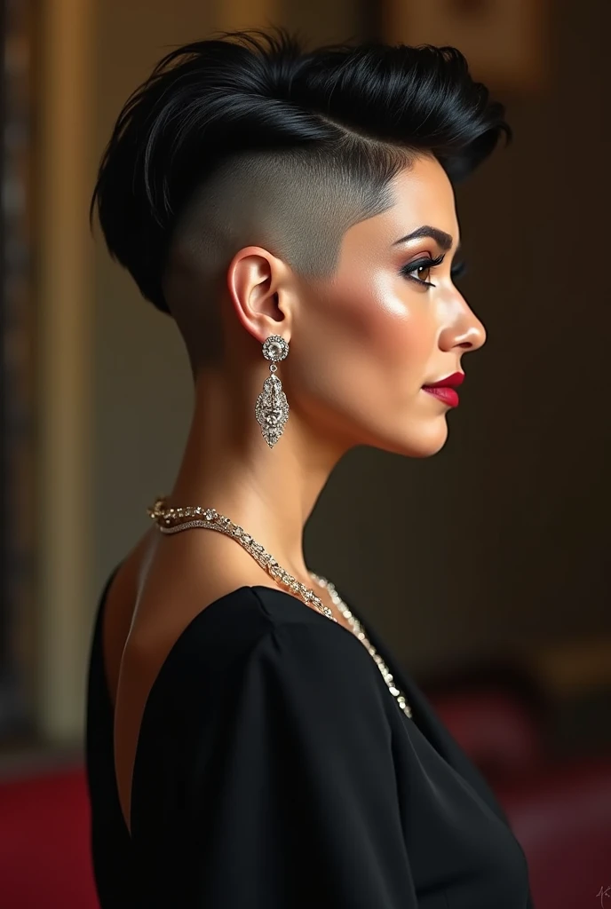 beautiful sexy 60 years old  Portugal class woman , jewelry , makeup, black drastic short  haircut with high gradued shaved nape, all body visible,  1/3  side view, 