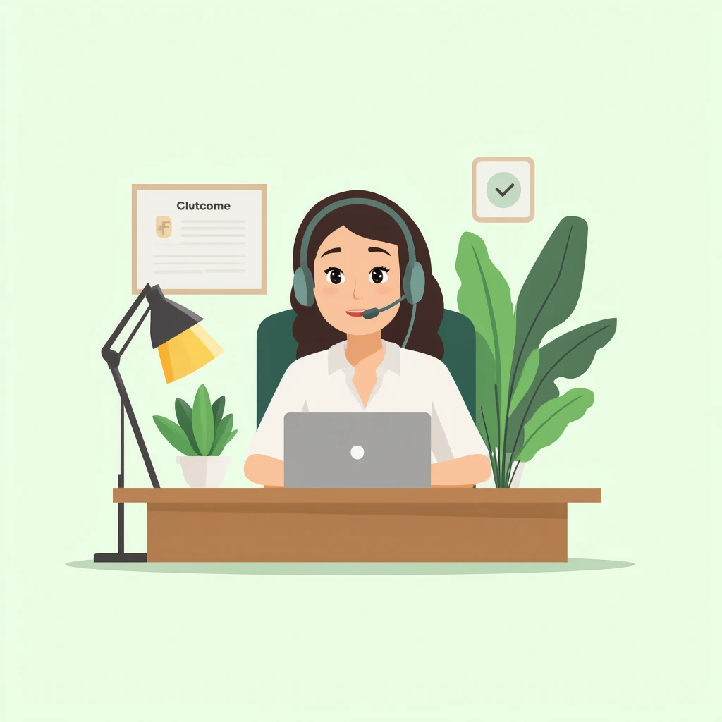 An illustration of a customer support representative with organic flat design. The representative is sitting at a desk with a computer. There are plants around the desk, including a large one behind the representative. The room has a few other objects, suc...