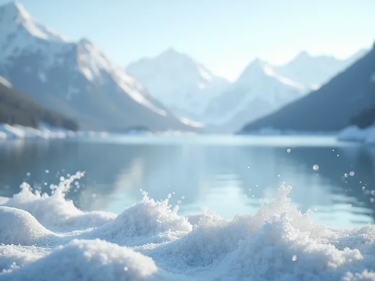 An image of fine white petals or powder scattered against the backdrop of mountains and sea