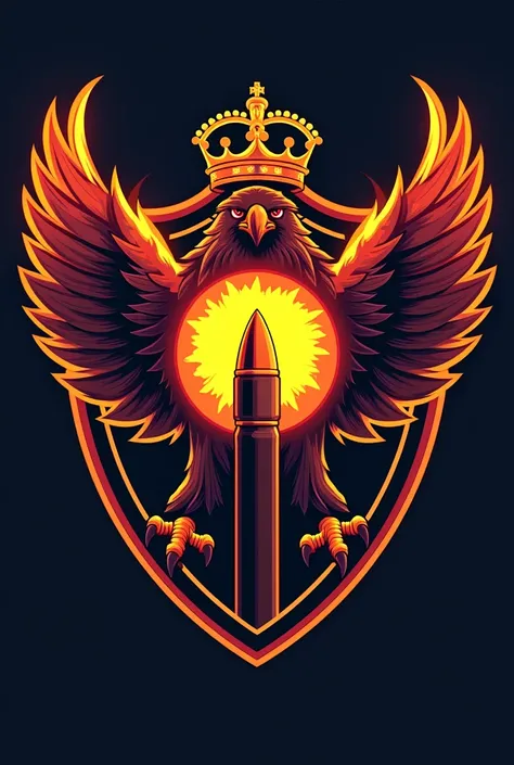  Football team shield named GENESIS with a fireball around it , an eagle descending to one side of the shield ,  a crown above and a bullet in the center