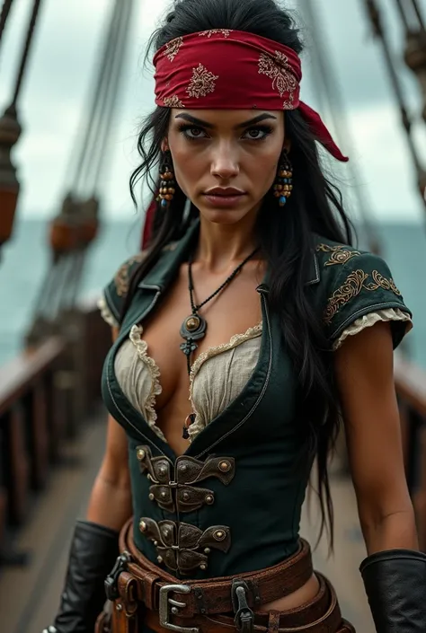 cute pirate woman, with bandana, cruel look, standing on deck of pirate boat, full body