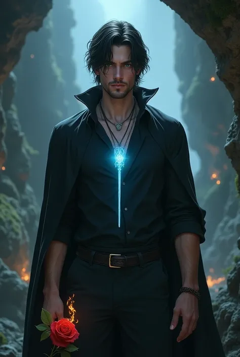 tall man, 20 years old, muscular,  Shoulder-length black hair ,  green gray and blue eyes , with stubble, dressed in a black shirt and pants , with a black silk cape ,  a long necklace with bluish light on the torso ,  in the middle of a cave with a red ro...