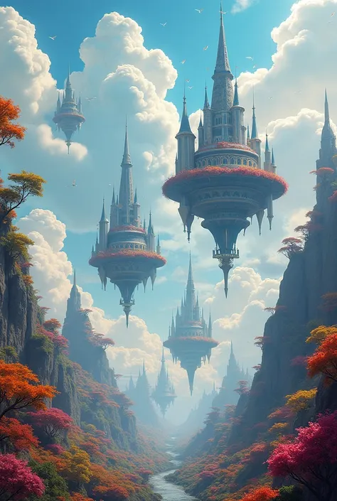 An alternate reality where gravity is reversed, floating cities amidst colorful clouds, vibrant landscapes, surrealistic, dreamlike, ethereal, imaginative