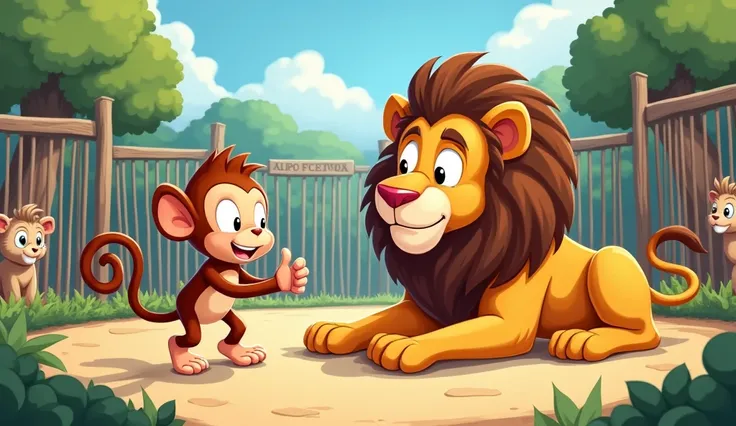  A cartoon Monkey (mischievous, playful, quick-witted) is playing tricks with  A lazy  lying cartoon big lion (lazy, laid-back, loyal)     inside a zoo 