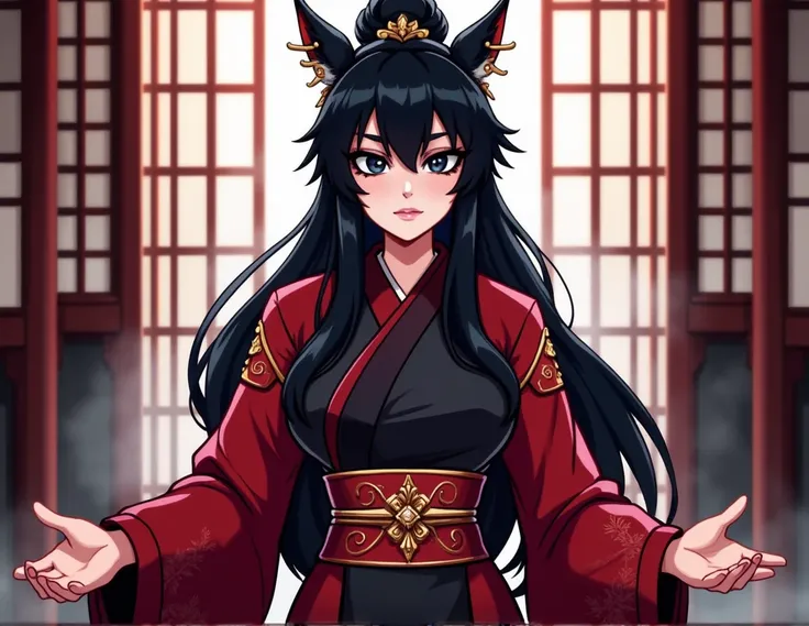 A powerful and muscular succubus with an Asian appearance, exuding both strength and allure. She wears traditional Joseon-style clothing, with intricate and elegant designs. The robes are a deep red and black, accentuating her powerful build, with long flo...