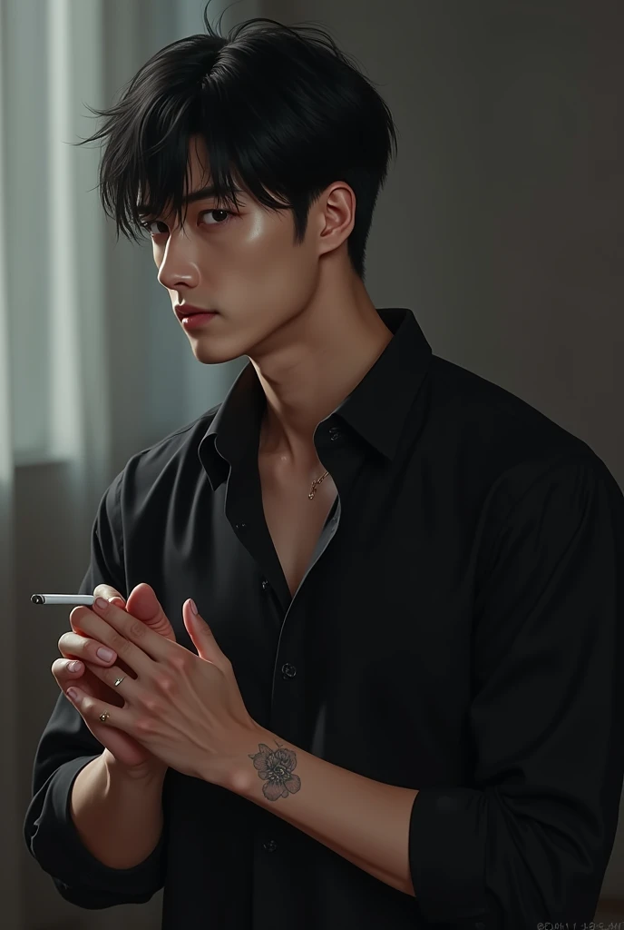 A man who looks like Woo Do-hwan in his early 30s. He has black girl-cut hair, a thick neck, a stick out, an overall formal style, wears a black shirt, has a muscular body, holds a cigarette in his hands, and has a slight Irezumi tattoo on his wrist