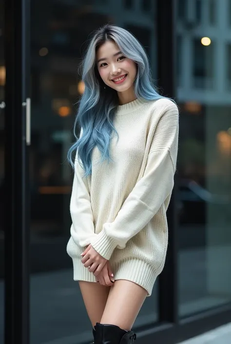  Photo of a beautiful young Korean woman ,  grey hair with blue highlights , cute pose ,  hands crossed behind her back , tilted body ,  wears an oversized cream sweater up to the thigh wearing black strappy boots,  smiling,  black glass background of a ni...