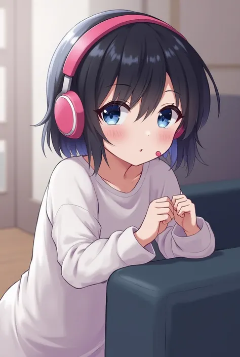 1boy, High Resolution, Masterpiece, Best Quality, smooth skin, cute face, blue eyes, black short hair, bent over at couch, Loose shirt, pink gamer headset, room background, looking at viewer, extremely shy, femboy, ass to viewer, tounge lolling out