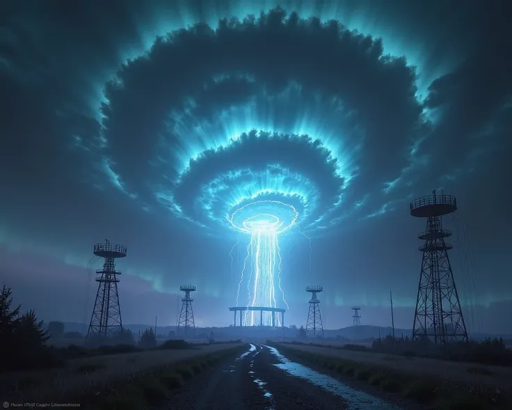 A visually striking and mysterious image representing the HAARP conspiracy and weather manipulation. The scene features an array of antennas emitting glowing waves of energy into a turbulent, stormy sky with unusual patterns, like spirals and glowing auror...