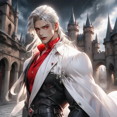  solo, 1male, silver hair, unruly hair, ((red eyes)), ((dark skin)), muscular, lean build, sharp fangs, dressed in dark, minimalist clothing, sword in hand, eyes on viewer, ((background: castle yard, castle)), dark light, high contrast, hyper-realistic, ph...