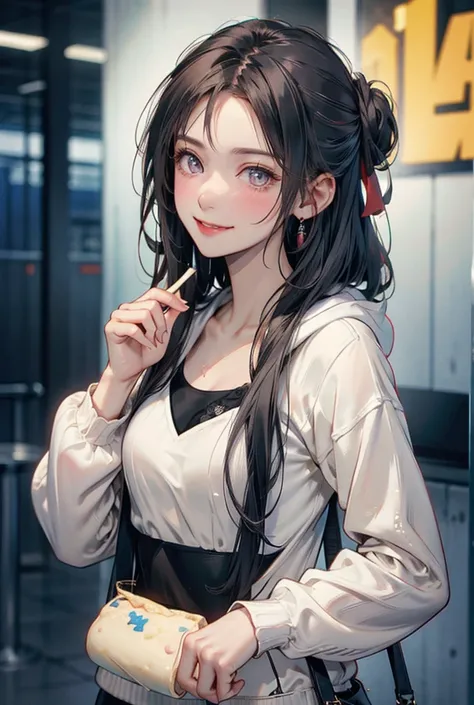 High Resolution, Blush, Smile, Black Hair, messy bun, grey eyes, hoodie cream, ice cream and snacks