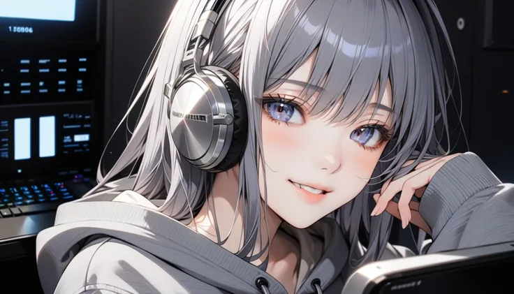    high definition  , masterpiece,   top quality,  Ultra-high definition, 1 person, Alone,   facial beauty,   please close your eyes and smile , close-up,   gray sweatshirt hoodie,   headphones , Night Room, mechanical, mechanicalに一冊本がある。  there is 1 compu...