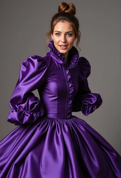 (realistic photograph close up sideways cheerful), (a pleased beautiful European orgasm looking lady with (messy hair bun), she is wearing (an elaborate extensive shiny purple silk dress with (long gigantic puff sleeves), (and an ultra high narrow stand-up...