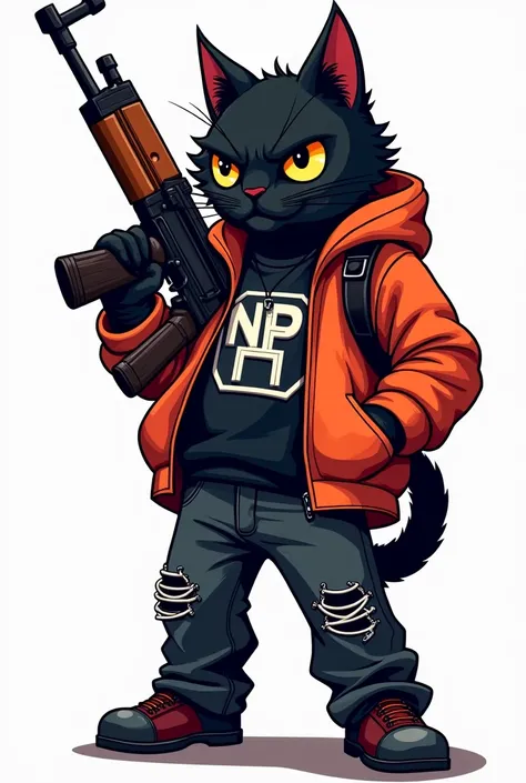 "Create a stylized logo featuring three male characters, each with a street attitude, all dressed and armed. The first character is a black Persian cat, dressed in bad boy clothing and carrying an AK-47 on its back, conveying power and rebellion. The desig...