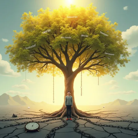 A tree grows from the cracks of a desolate, gray ground filled with symbols of stress (broken clocks, scattered papers, chains). Each branch of the tree represents actionable strategies—labeled "Exercise," "Balanced Diet," "Time Management," and "Support S...