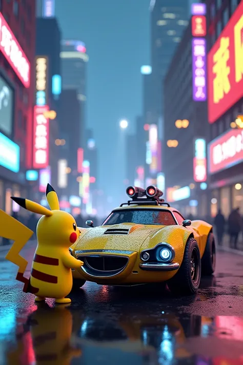 Picachu next to a sound car 