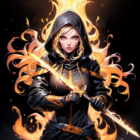 a hooded female thief assassin, golden hair, shrouded in shadows, holding a burning dagger in each hand, vibrant glowing abyss colors, full body shot, radiating electric energy, messy shoulder-length hair, detailed face, piercing eyes, beautiful lips, dram...